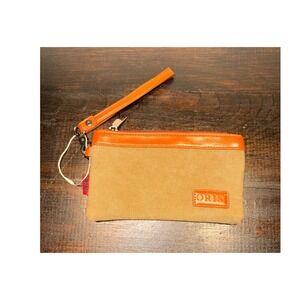 Oris Tan Canvas Wristlet Pouch Tan Trim Front Zip Pocket Detachable Strap